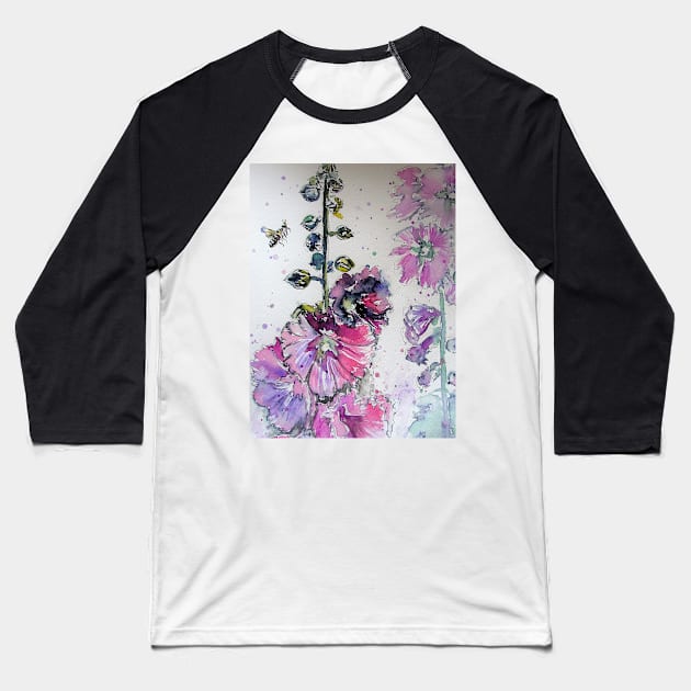 Pink Hollyhock Flowers and Bee Watercolor Baseball T-Shirt by SarahRajkotwala